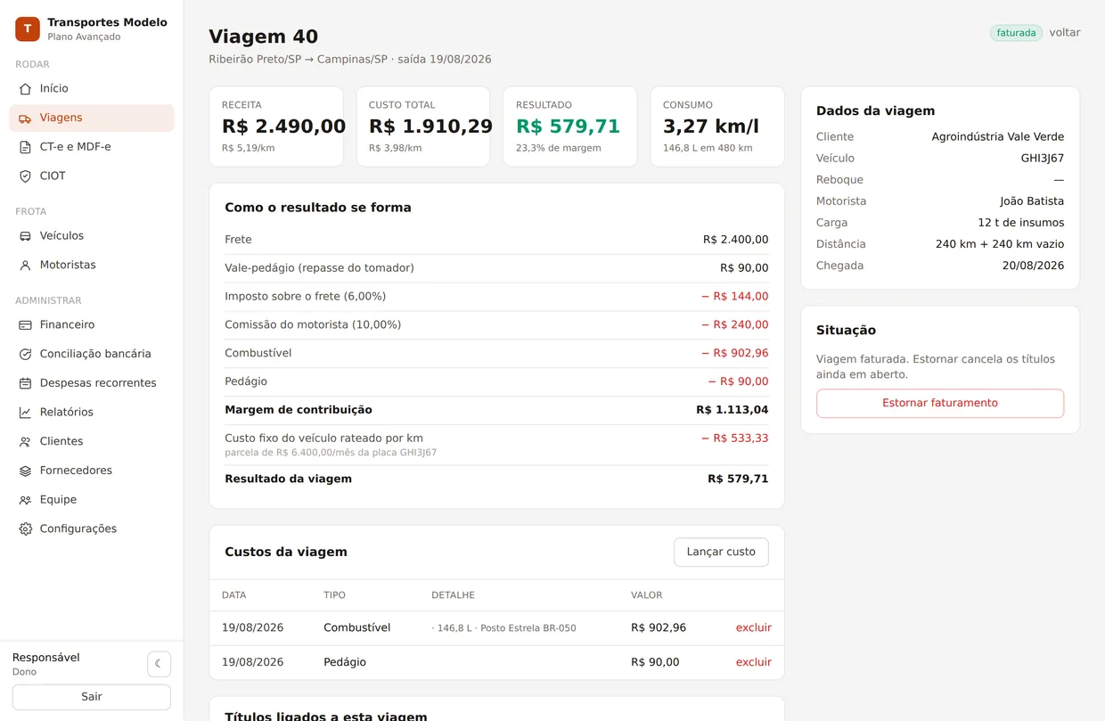 Tela Resultado por viagem do Dilon Frota